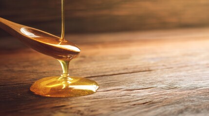 Golden syrup cascading from a rustic wooden dipper against warm timber tones, ideal for dessert branding and gourmet packaging layouts.