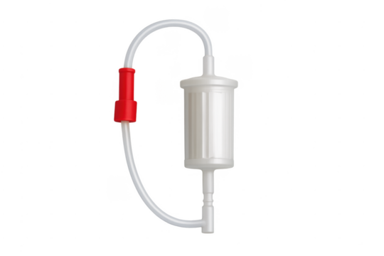 Medical in-line filter with tubing and red clamp