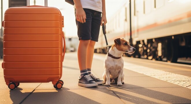 Dog days travel Boy and Jack Russell await train on sunny platform.