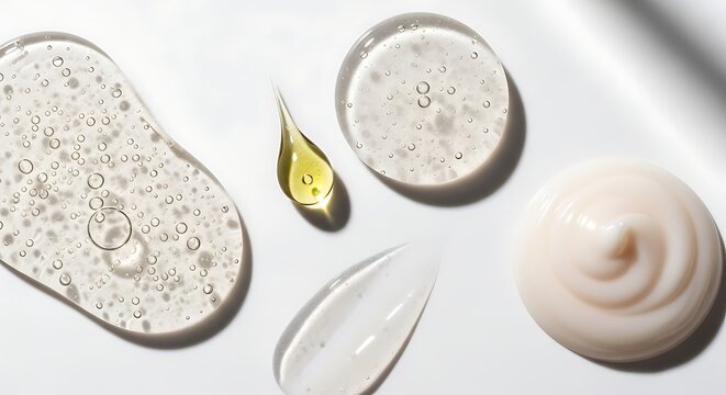 Assortment of skincare product textures including gel cream oil and scrub on white