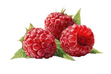 Three ripe raspberries with green leaves, rendered in watercolor