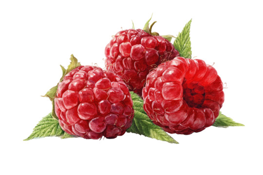 Three ripe raspberries with green leaves, rendered in watercolor