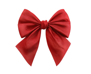 A vibrant red satin bow with textured folds and flowing ribbons
