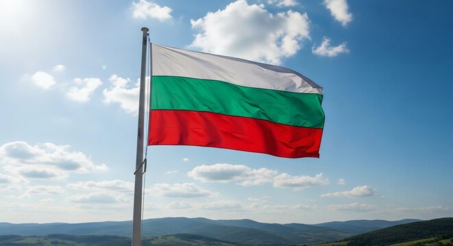 Bulgarian Flag waving proudly against a blue summer sky. - Powered by Adobe