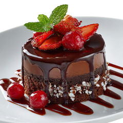 Decadent Slice of Rich Chocolate Cake Drizzled with Chocolate Isolated transparent on white background