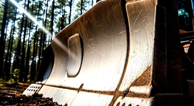 Sunlit Bulldozer Blade: Scratches and Dirt in a Forest Clearing