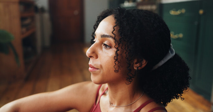 Thinking, African woman and relax at house with vision, peace and ideas for calm morning. Thoughts, female person and reflection for weekend break, planning day and daydreaming with nostalgia memory - Powered by Adobe