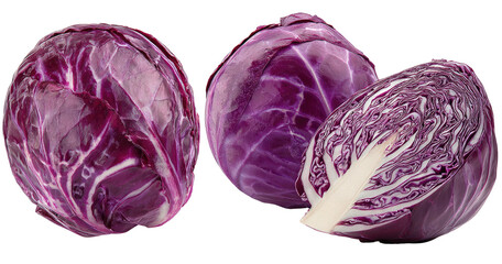 Three vibrant red cabbages, one halved, revealing fresh insides