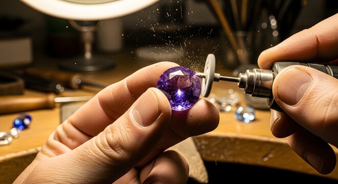 Close-up of a jeweler polishing a purple gemstone with a rotary tool.