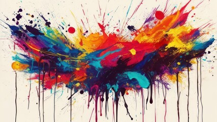 Fototapeta premium Abstract burst of vibrant colors explodes, dripping downwards against a creamy backdrop