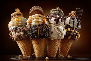 Delicious ice cream scoops on waffle cone.