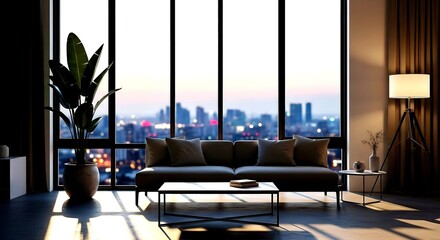 Luxurious Apartment Interior with City View, Plant, Sofa, and La