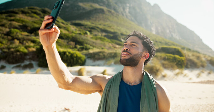 Happy man, fitness and beach with selfie for photography, memory or capture moment in nature. Active, male person or smile with mobile smartphone for picture, social media or post on ocean coast