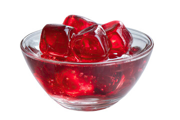 Clear glass bowl filled with vibrant red jelly cubes and liquid