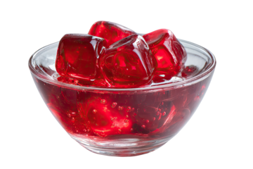 Clear glass bowl filled with vibrant red jelly cubes and liquid