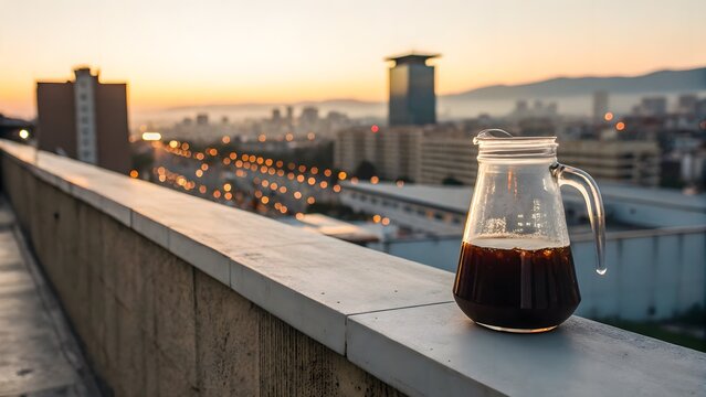 Cold Brew Jug on Rooftop at Golden Hour. Cold brew in a glass jug on concrete ledge, urban rooftop backdrop and soft golden-hour light&mdash;modern caf&eacute; lifestyle shot.