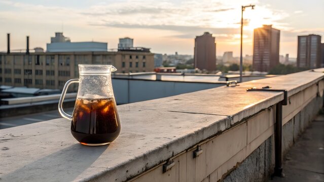 Cold Brew Jug on Rooftop at Golden Hour. Cold brew in a glass jug on concrete ledge, urban rooftop backdrop and soft golden-hour light&mdash;modern caf&eacute; lifestyle shot.