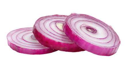 Three vibrant red onion slices arranged for culinary use