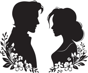 Beautiful vintage man and woman portrait silhouettes surrounded by blooming flowers on white background
