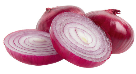 Sliced and whole red onions on a black background