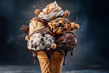 Delicious ice cream scoops on waffle cone.