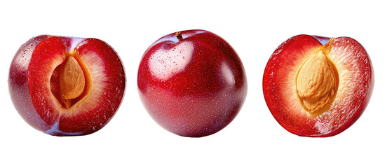 Three ripe, red plums, one whole and two halved showing the pit