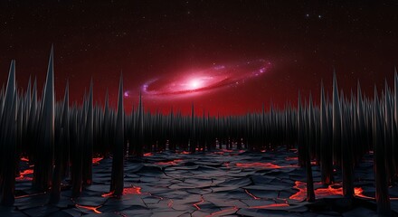 Eerie alien landscape with a vibrant red galaxy shining over sharp black spires emerging from cracked earth, perfect for sci-fi novel covers and game designs