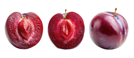 Three plums, two halves showing pit and flesh, one whole fruit