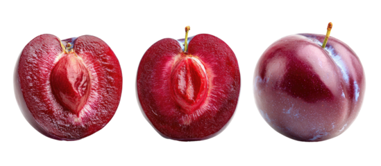 Three plums, two halves showing pit and flesh, one whole fruit
