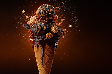 Delicious ice cream scoops on waffle cone.