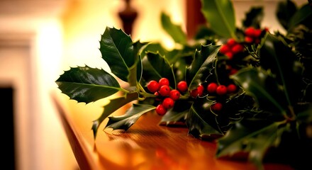 Close-up of Holly Berries and Leaves on a Wooden Surface with So