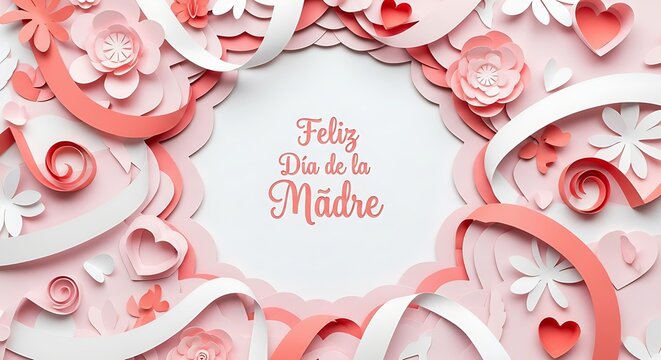 Celebrate Feliz Dia de la Madre with a lovely floral paper art design perfect for cards, invitations, and promotions for Mother's Day celebrations