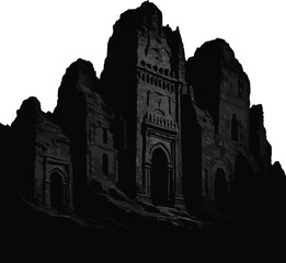 Dramatic silhouette of ancient castle ruins against a bright sky