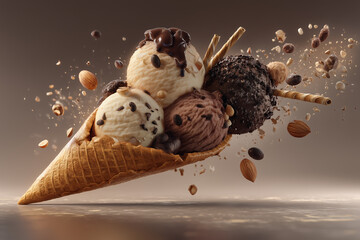 Delicious ice cream scoops on waffle cone.