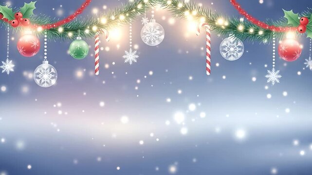 Festive Christmas garland with ornaments lights candy canes and gentle falling snow background.