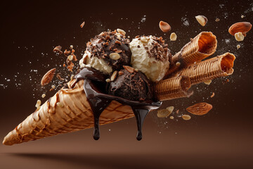 Delicious ice cream scoops on waffle cone.