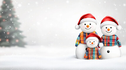 Snowman family wearing colorful plaid shirts and red Santa hats standing on snowy ground, cheerful winter holiday scene