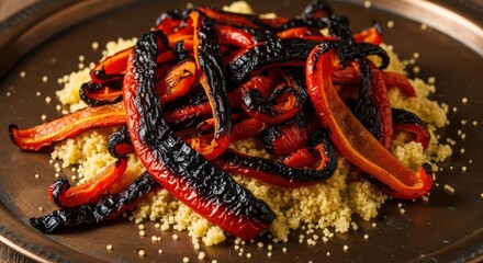 Roasted red bell peppers served over couscous, a flavorful and vibrant dish with a smoky and slightly charred taste
