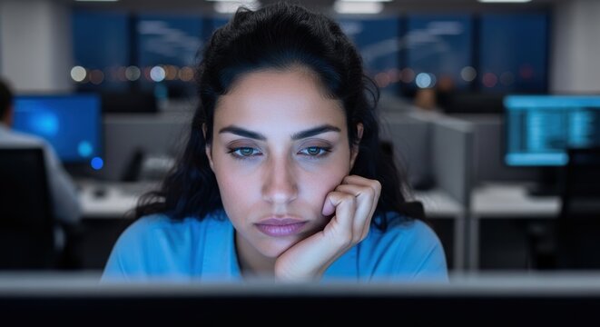 Young caucasian woman focused on computer screen, working late at night in a dark office. Concept of hard work, overtime and dedication.