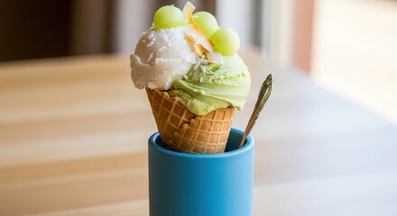 Refreshing ice cream cone with vanilla and pistachio flavor, topped with green grapes, served in a blue cup on a wooden table