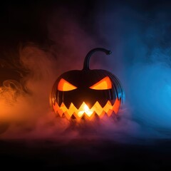 Fototapeta premium A terrifying carved pumpkin sitting in a deep fog, emitting a strange magical glow and smoky ethereal vapor in a haunted landscape ,pumpkin ,deep ,mystery