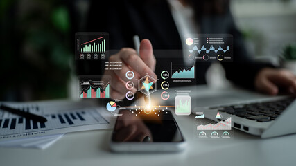 A data analytics interface for visualizing business performance metrics. A collection of charts and graphs for strategic reporting and company analysis. Motif