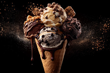 Delicious ice cream scoops on waffle cone.