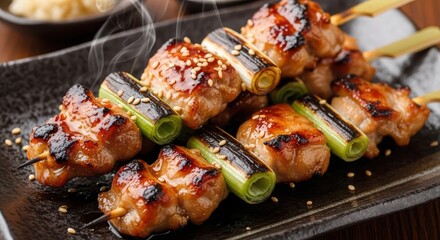 Delicious yakitori skewers with grilled chicken and scallions on a black plate, a popular japanese street food, ready to be served and enjoyed