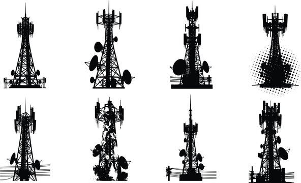 Collection of communication tower silhouettes, telecom antenna structures, wireless signal transmission masts, radio broadcasting infrastructure illustrations for technology and network design