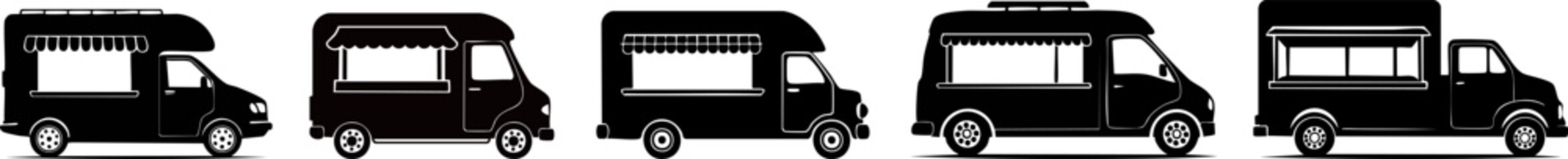 Basic Food Truck Silhouette Set. A stylized illustration of various food trucks lined up, showcasing their unique designs and features in a monochrome palette.