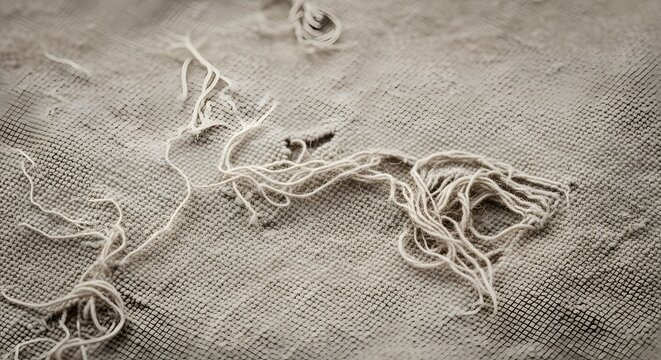 Close up of damaged fabric texture with loose threads and woven pattern surface detail