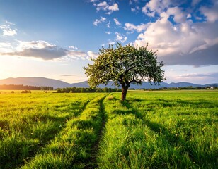 Obraz premium Idyllic landscape with a blossoming tree in a green field.