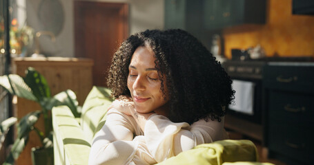 Peace, breathing and smile with woman in home for calm, zen and meditation. Mindfulness, comfort...