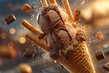 Delicious ice cream scoops on waffle cone.